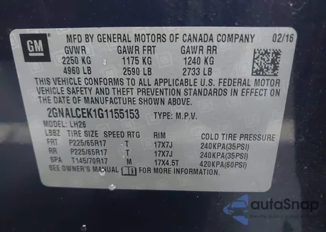 2016 Chevrolet Equinox Lt from USA, damaged, VIN 2GNALCEK1G1155153